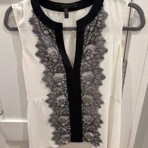 BCBG Maxazria, Size Small, White with Black Lace, soft peplum Top